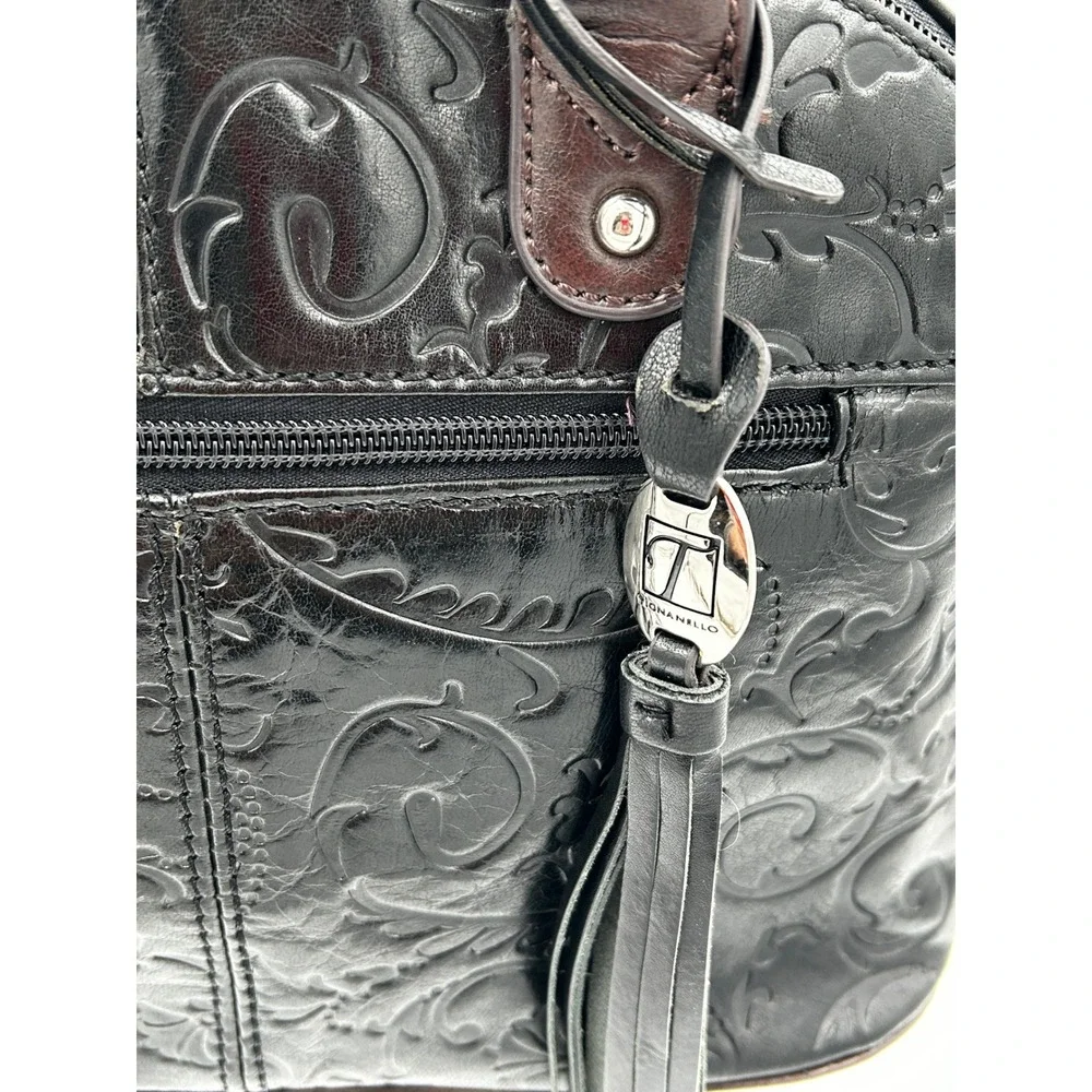 Tignanello Leather Satchel Womens Black Embossed Handbag Tassel‎ Classic